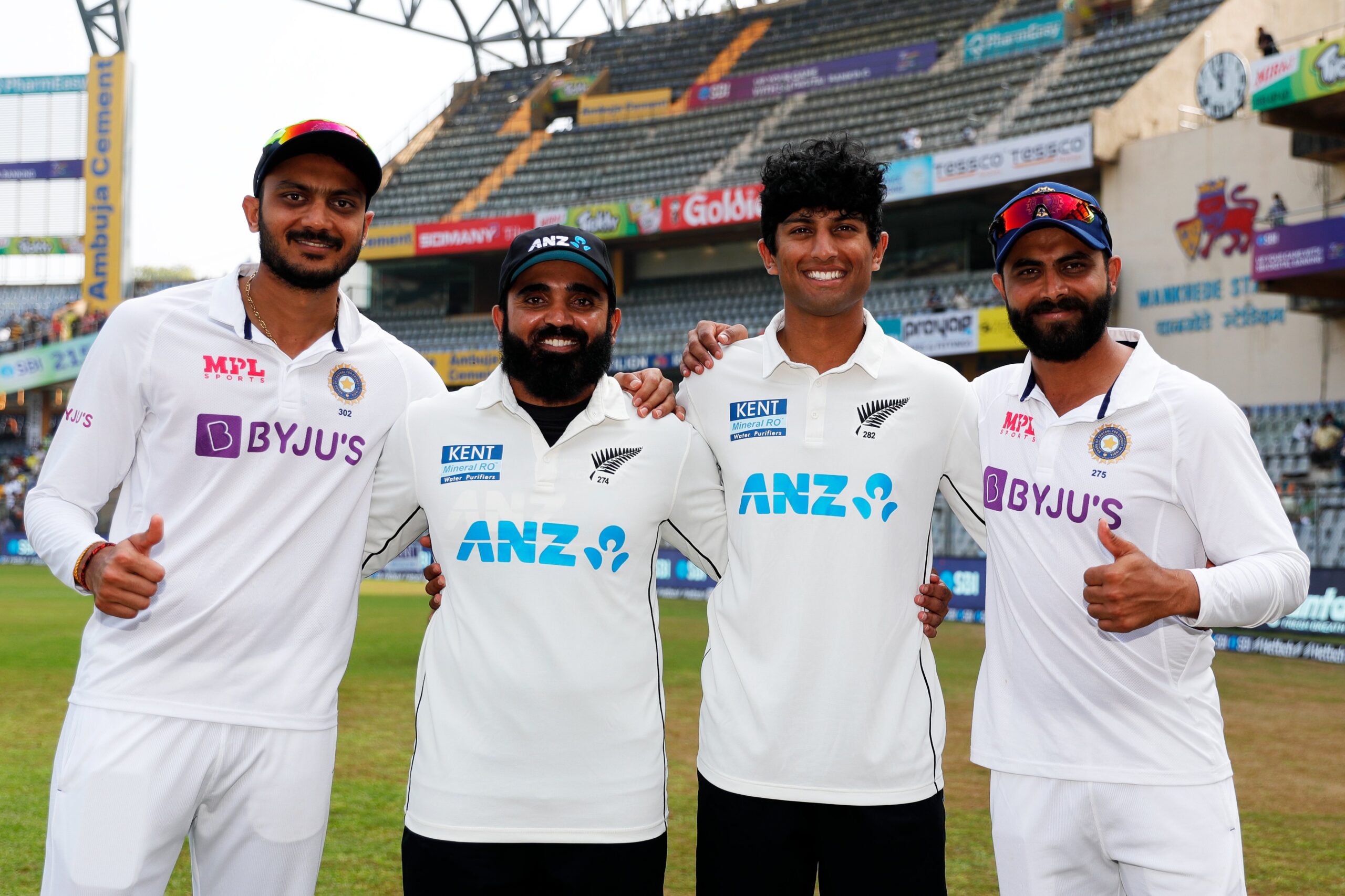 Axar, Patel, Ravindra, and Jadeja pose for the camera as the India vs. New Zealand series comes to a finish.